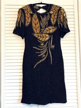 VTG Eve's Allure 100% Silk Beaded Sequin Dress Black Gold Leaf Art Deco 80s